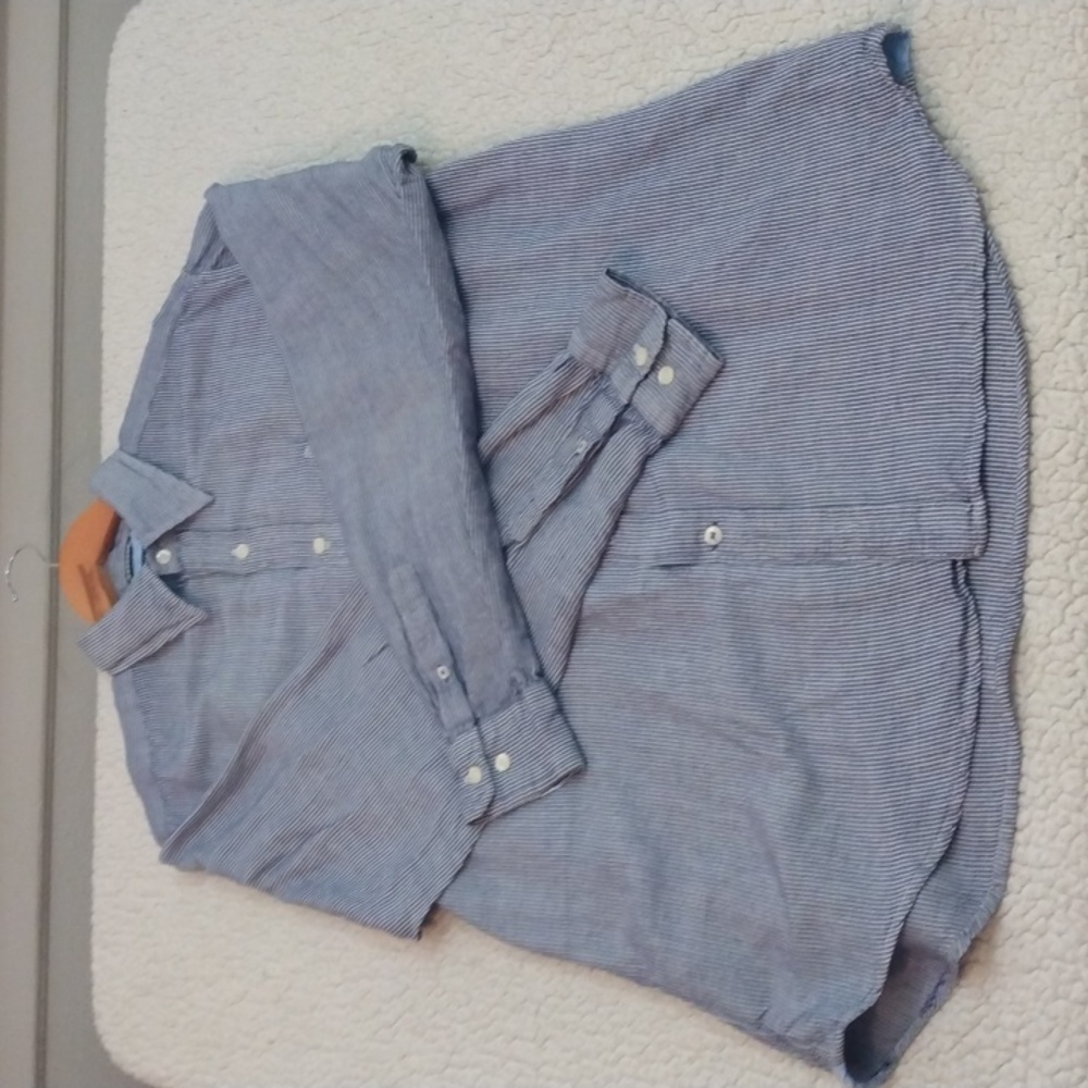 Nautica Blue & White Stripe Linen/Rayon Summer Shirt (Large)
